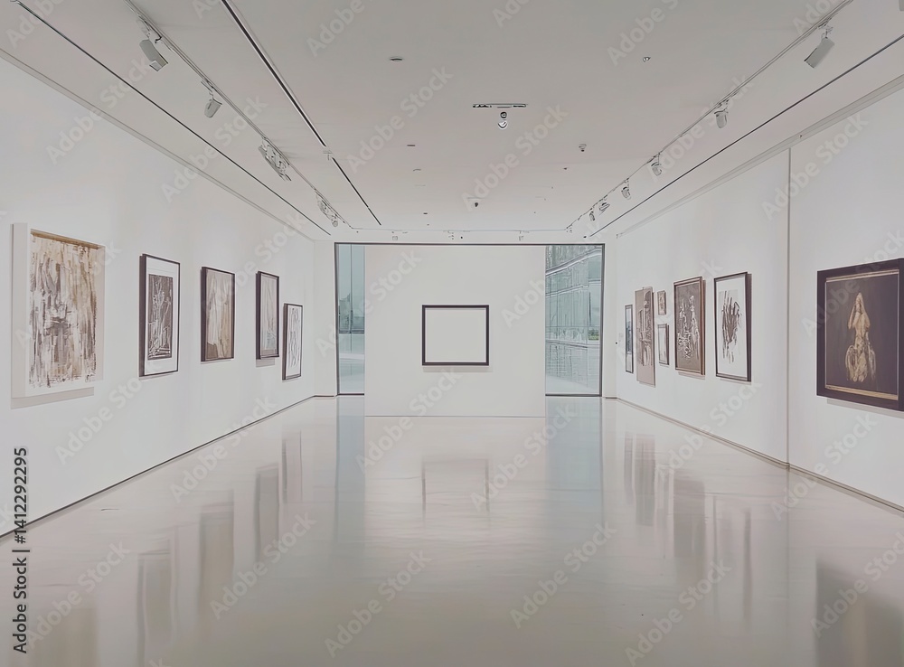 Poster a white wall with an empty square frame in the middle of a modern art gallery, with soft lighting an