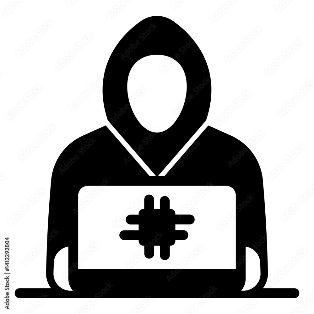 Poster hacker working at laptop solid icon, hacker attacks concept. vector graphics. it criminal man with c