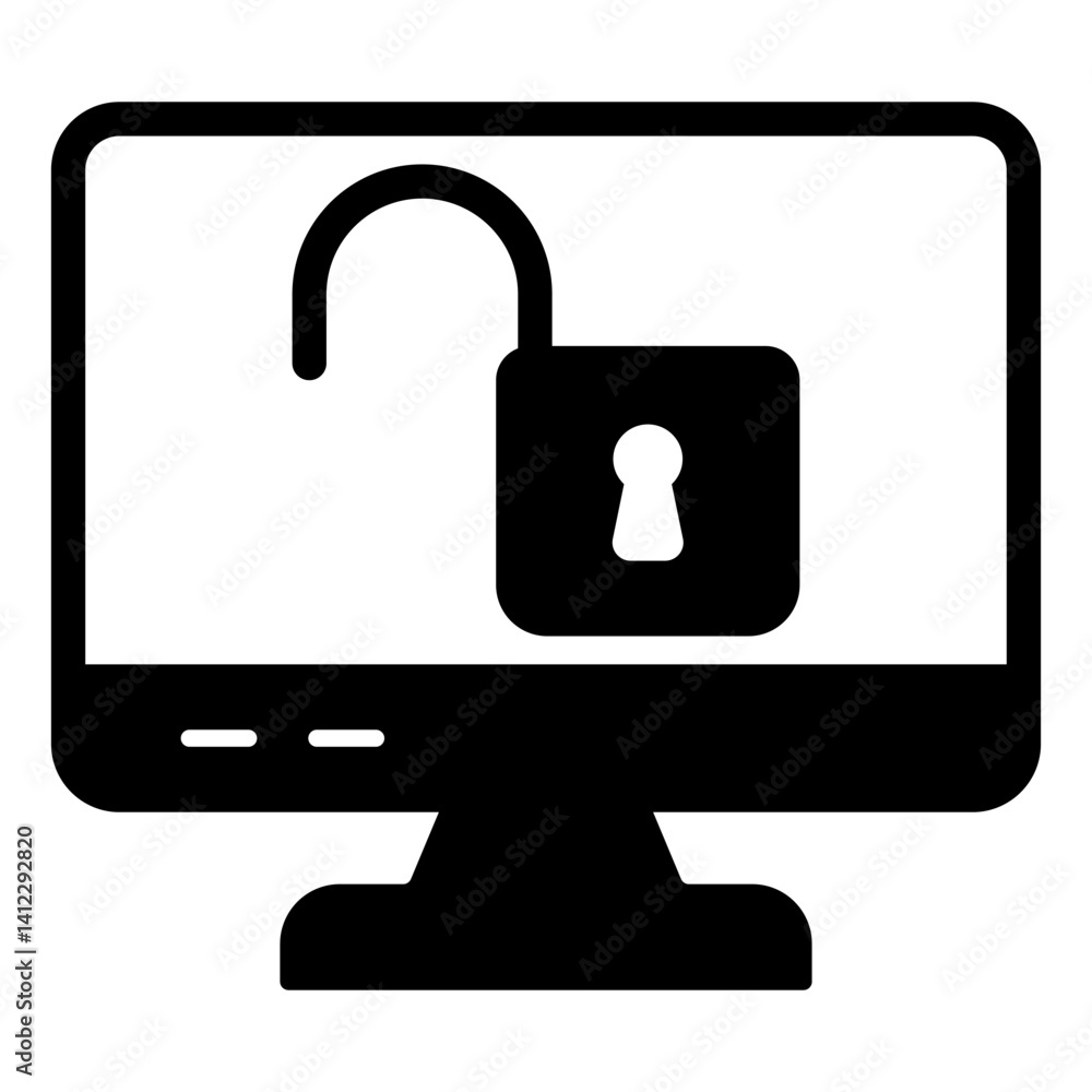 Poster monitor with unlocked lock solid icon, hacker attacks concept. vector graphics. display unlocked, sc