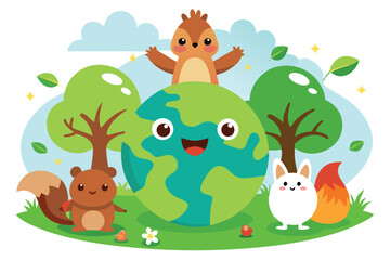 Naklejka premium Cartoon Earth Globe Smiling with Animals in a Forest with Leaves and Clouds Design