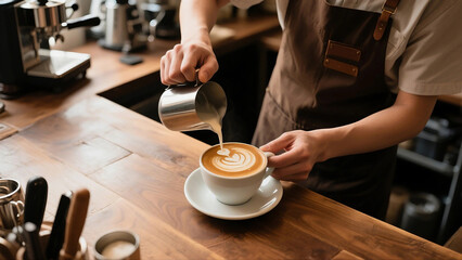 카푸치노 잔에 정교한 라떼 아트를 붓는 바리스타의 모습(A barista pouring elaborate latte art into a cappuccino cup)