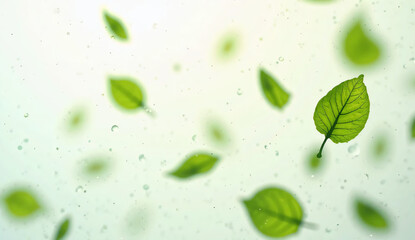 Green leaves dancing in the air. For composite. light green Background.