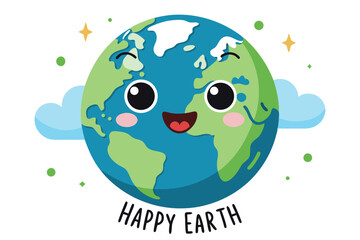 Cartoon Earth with Smiling Face, Clouds, Stars and Happy Earth Text Design