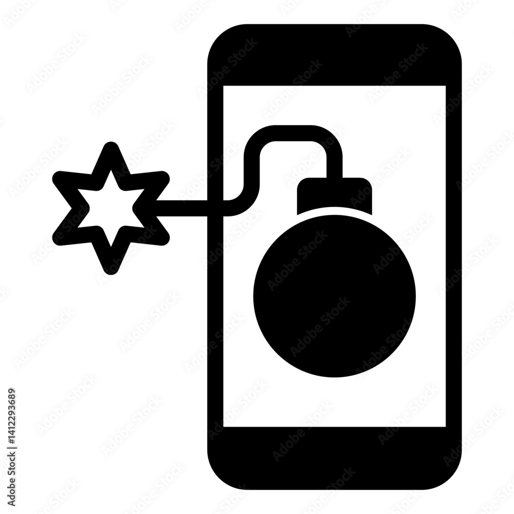 Poster smartphone screen with bomb solid icon, hacker attacks concept. vector graphics. phone and grenade b