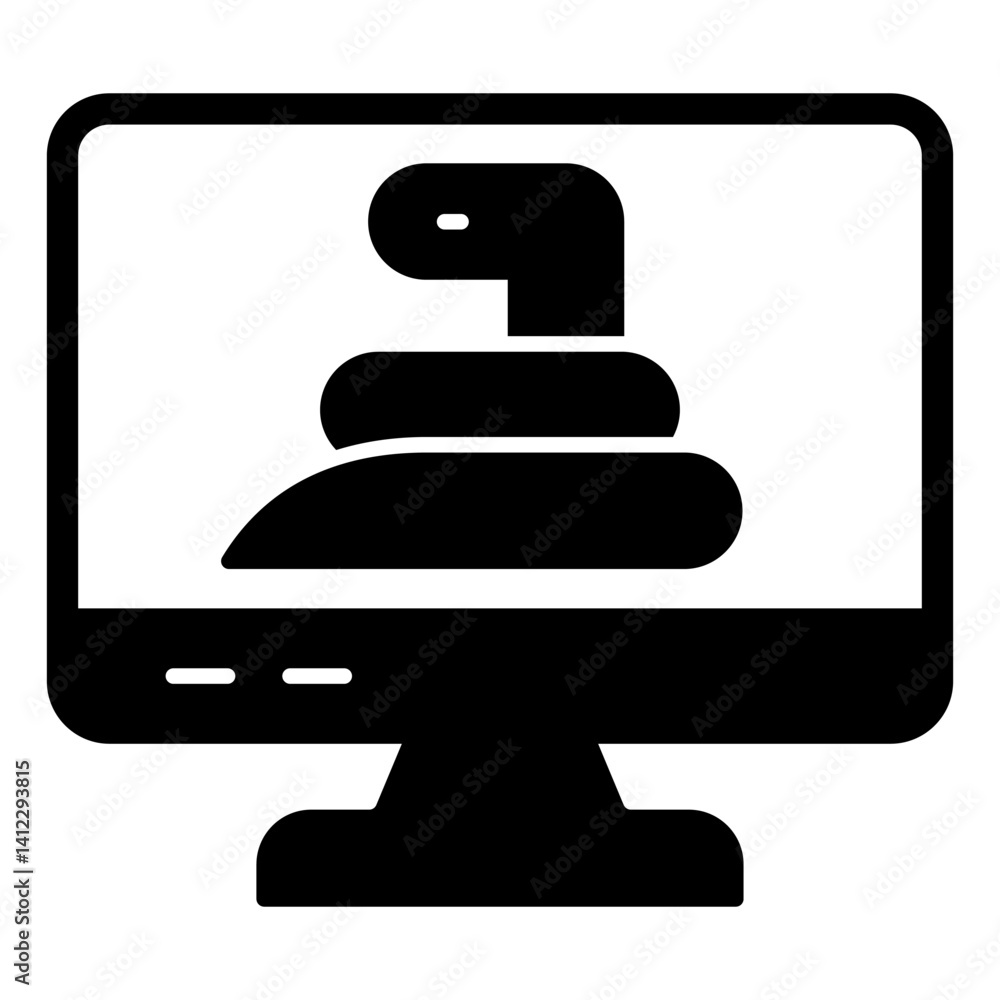 Poster monitor screen and snake solid icon, hacker attacks concept. vector graphics. display with worm viru