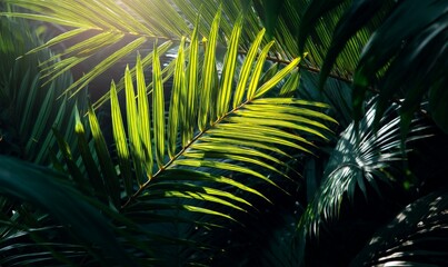 Sunlight filtering through lush green jungle palm leaves.