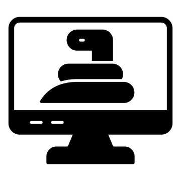 Monitor screen and snake solid icon, hacker attacks concept. Vector graphics. Display with worm virus sign on white background, glyph style mobile or design.