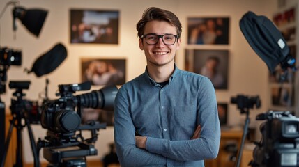 A young male photographer stands confidently in a studio filled with cameras and lighting equipment, showcasing his passion for photography and creative arts.