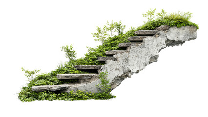 Png of A weathered stone staircase overgrown with lush greenery, symbolizing nature reclaiming urban structures.