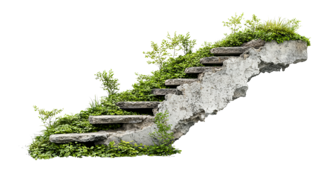 Png of A weathered stone staircase overgrown with lush greenery, symbolizing nature reclaiming urban structures.