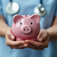  holding a piggy bank in hand. Concept of medical expenses,Healthcare service cost. 