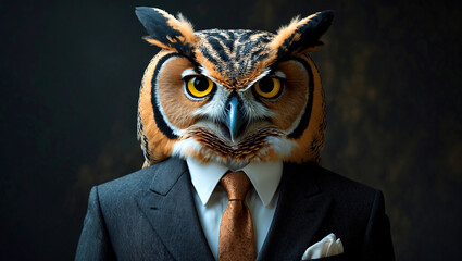 Owl in suit portrait of an anthropomorphic bird