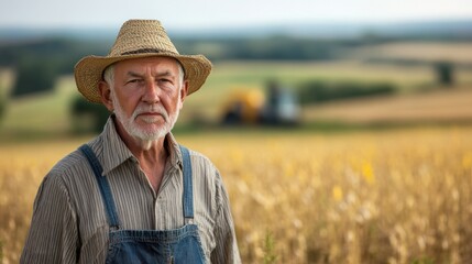 Fototapeta premium An elderly male farmer stands proudly in a golden field, showcasing his rich experience and connection to the land under a bright summer sky.