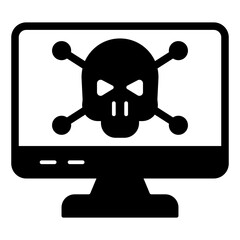 Monitor with skull and bones solid icon, hacker attacks concept. Vector graphics. Infected by virus, computer display sign on white background, glyph style mobile or design.