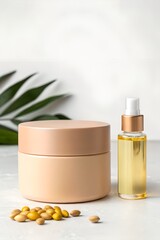 Minimal Mockup Showcasing a Round Skincare Container and Oil on a Neutral Surface With Natural Decorative Elements