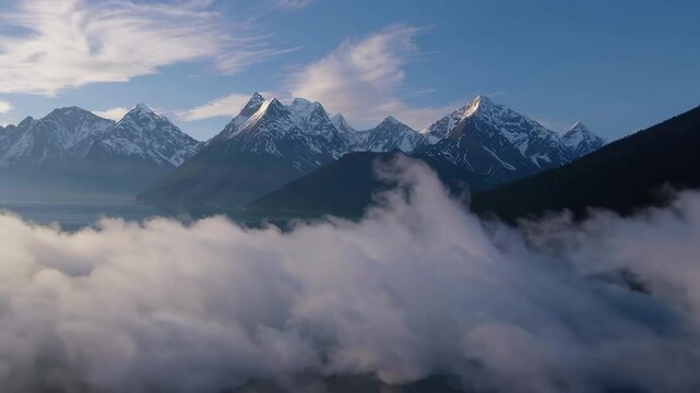 Serene mountain landscape with rolling clouds at sunrise