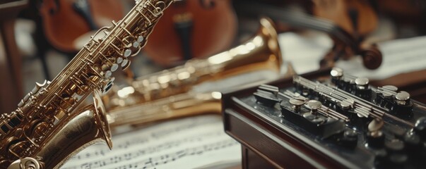 Fototapeta premium Vintage musical instruments and antique machine