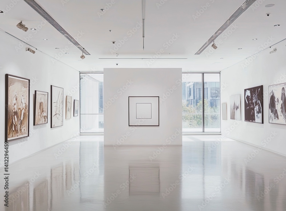 Poster a white wall with an empty square frame in the middle of a modern art gallery, with soft lighting an
