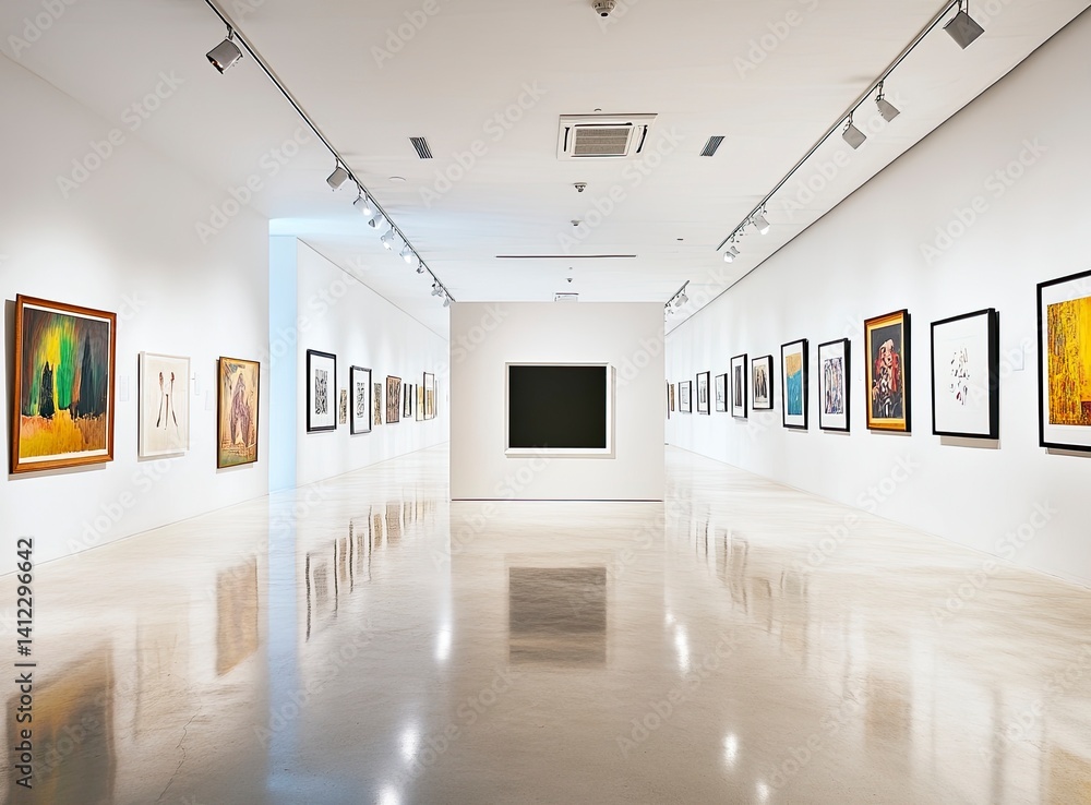 Poster a white wall with an empty square frame in the middle of a modern art gallery, with soft lighting an