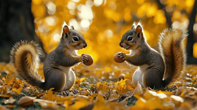 Two playful squirrels facing each other surrounded by golden fall leaves in the autumn forest. 