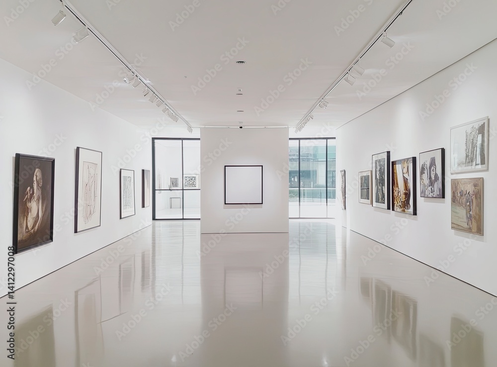 Aufkleber a white wall with an empty square frame in the middle of a modern art gallery, with soft lighting an