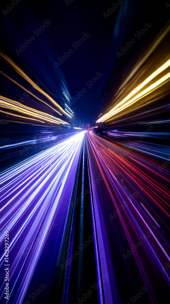 Poster abstract image of blurred light trails from nighttime traffic, creating dynamic streaks of purple, b