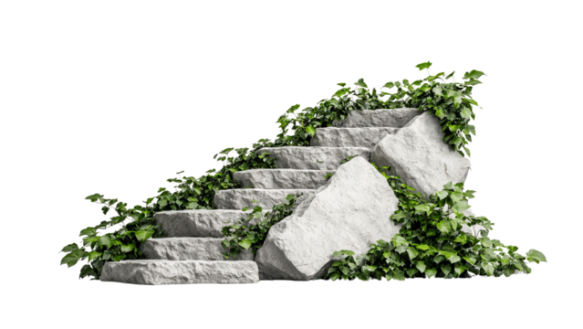 Png of A weathered stone staircase overgrown with lush green vines, symbolizing nature's reclaiming of man-made structures.