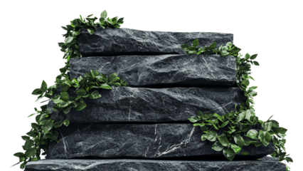 Png of A beautiful arrangement of stacked gray stones adorned with vibrant green foliage, creating a natural decorative display.