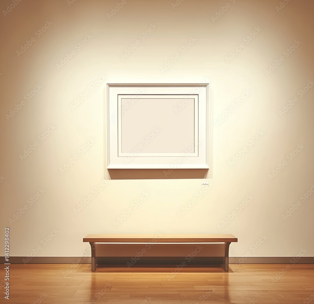 Poster an empty white photo frame hangs on the wall of an art gallery, with the inside visible in soft ligh