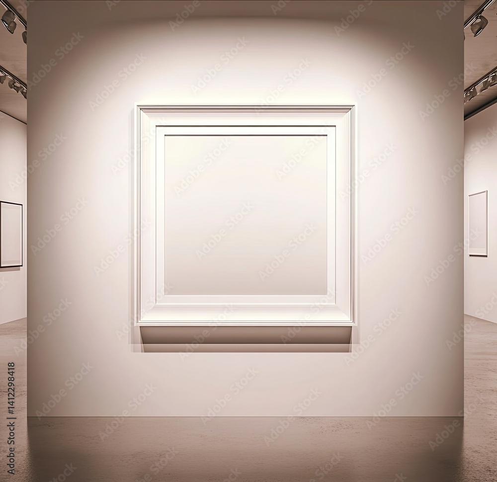 Poster an empty white photo frame hangs on the wall of an art gallery, with the inside visible in soft ligh