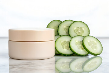 Minimalist Beige Round Jar Cosmetic Mockup Alongside Fresh Cucumber Slices on a Marble Surface