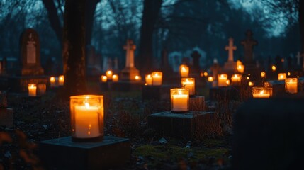 Serene All Souls' Day Cemetery with Glowing Candles at Dusk