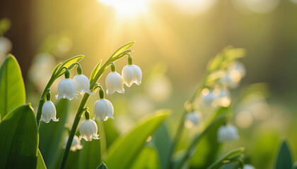 Delicate white lilies of the valley blooming in soft sunlight   © Natallia