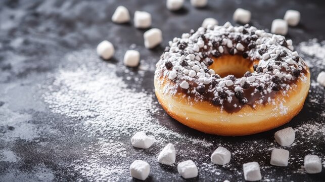 Creative food concept. Marshmallow and sugar spinkle drop over Chocolate chip frosted glaze donut doughnut on dark concrete background with scattered powdered sugar. Copy text.