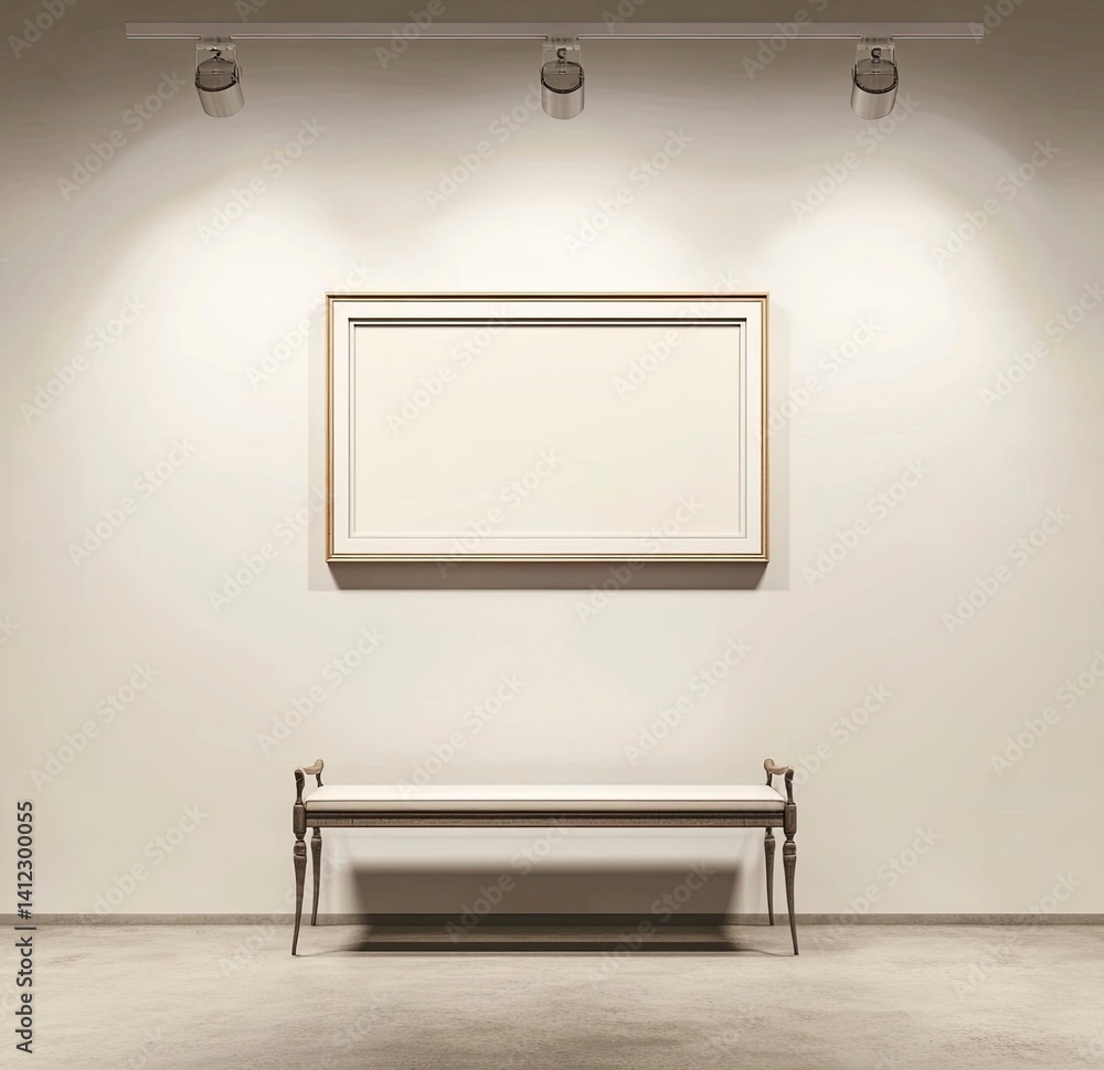 Poster an empty white photo frame hangs on the wall of an art gallery, with the inside visible in soft ligh