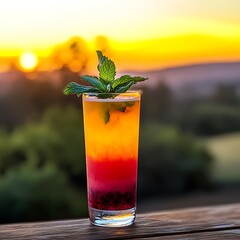 Tornado cocktail, showcasing its vibrant orange and red layers with mint leaves on top