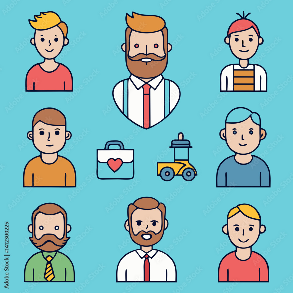 Poster a diverse group of friendly men and helpful objects, showcasing simple line art with a lighthearted 
