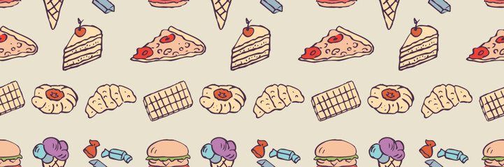 Seamless pattern of different outlines fast food, pizza, candies, ice cream, cake, cookies, croissant, waffle, vector background, paper, wallpaper