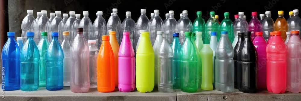 Poster a row of plastic bottles of various colors and sizes. the bottles are lined up on a surface, with so