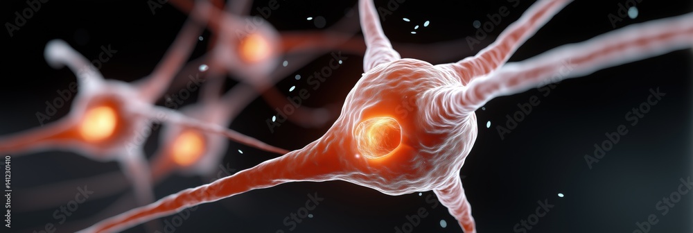 Poster a close up of a red neuron with a glowing center. the neuron is surrounded by other neurons, creatin