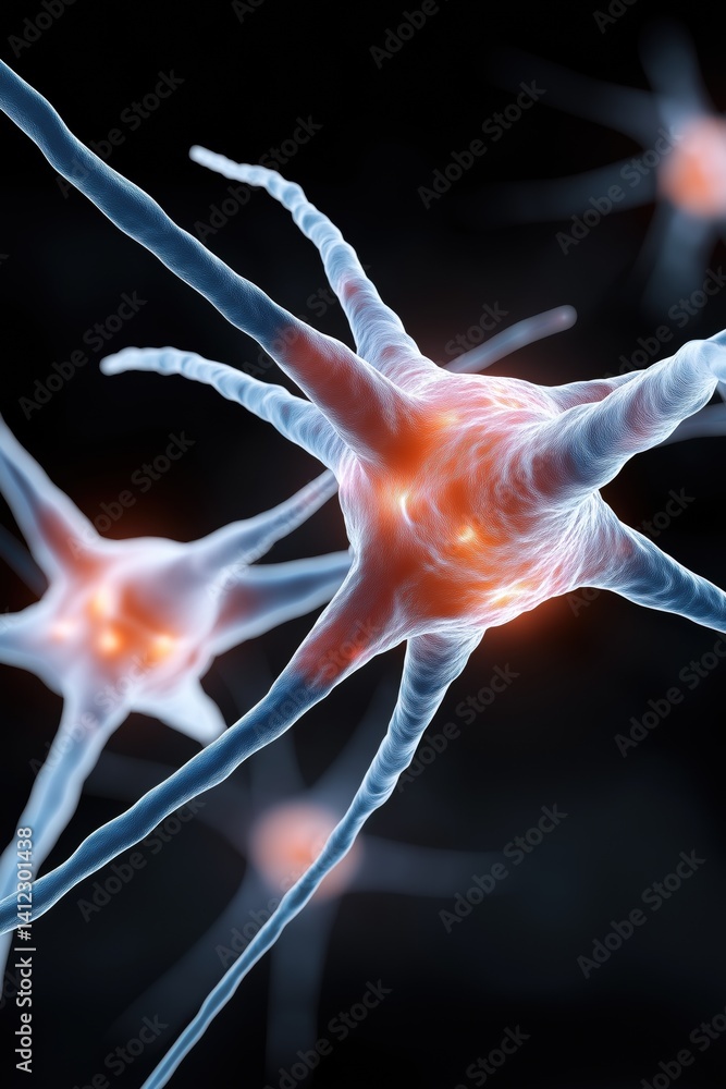 Poster a close up of a brain with a blue and red neuron. the neuron is surrounded by other neurons and is l