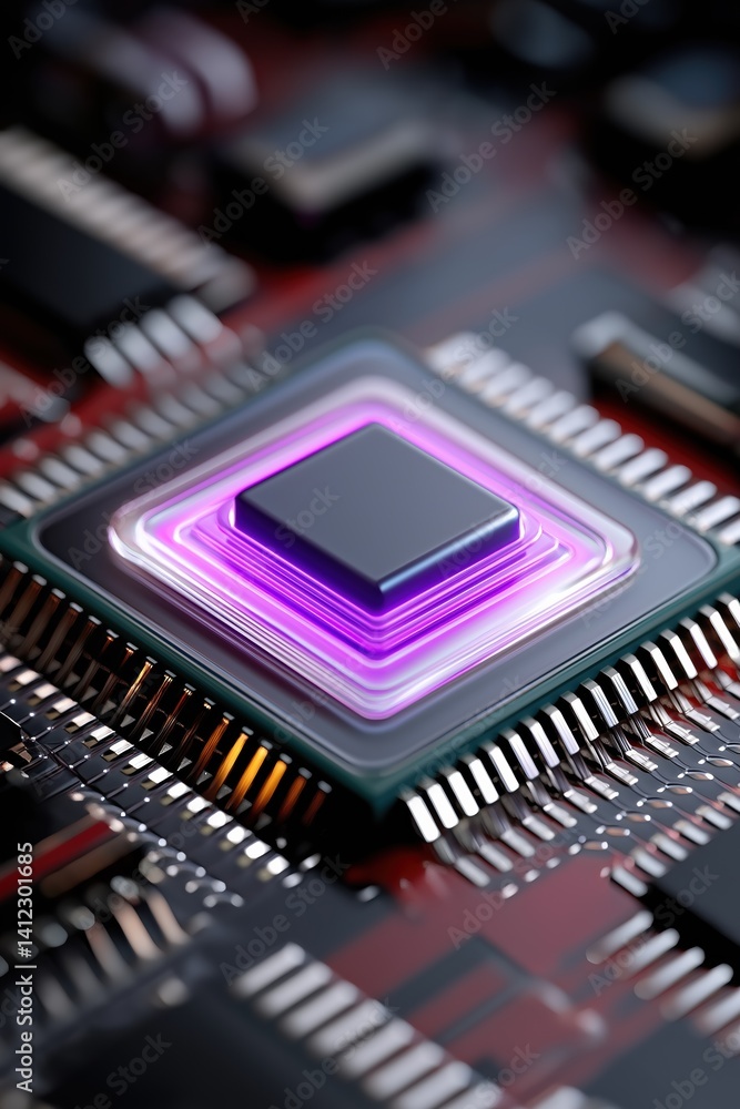 Poster a close up of a computer chip with purple lights. the chip is a square and is surrounded by a red ba