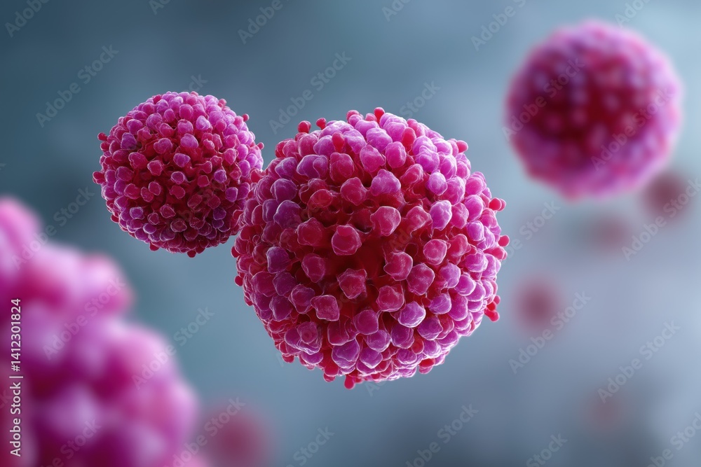 Poster a close up of a pink virus with a fuzzy texture. the virus is surrounded by a blurry background