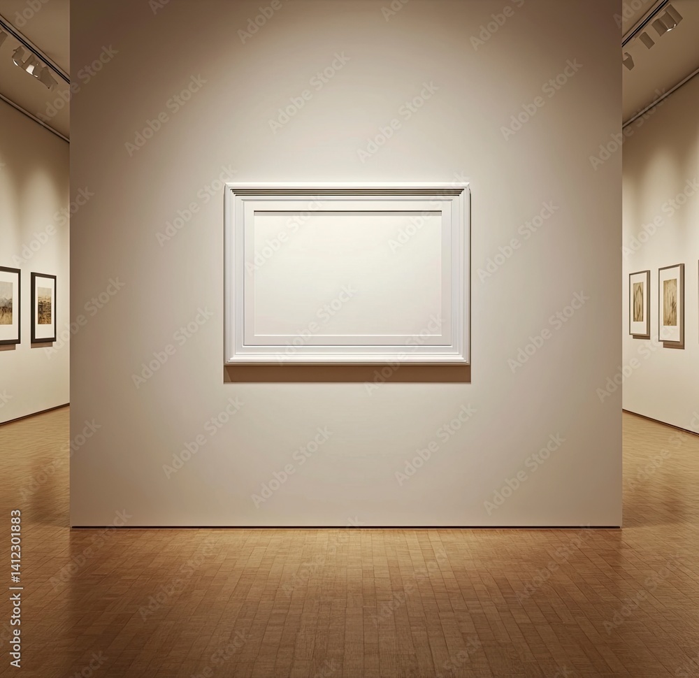 Poster an empty white photo frame hangs on the wall of an art gallery, with the inside visible in soft ligh