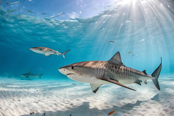 Fototapeta premium A white-faced shark swimming in profile in a large tank in the bottom of a fish tank in the aquarium