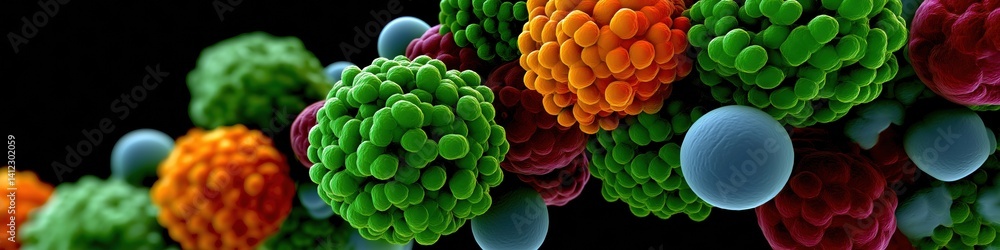Poster a colorful cluster of balls with one of them being blue. the balls are arranged in a line and are of