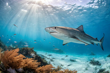 Obraz premium A white-faced shark swimming in profile in a large tank in the bottom of a fish tank in the aquarium