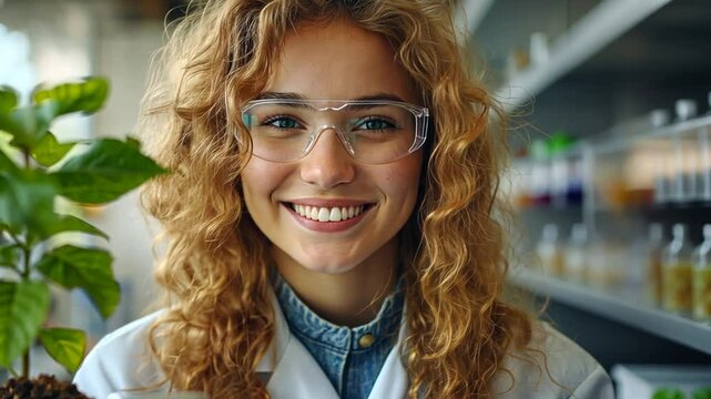 Young female scientist examining plant growth in a modern laboratory environment