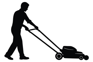 Silhouette Man Lawn Mower, Mowing Grass, Gardening, Black Figure, Transparent