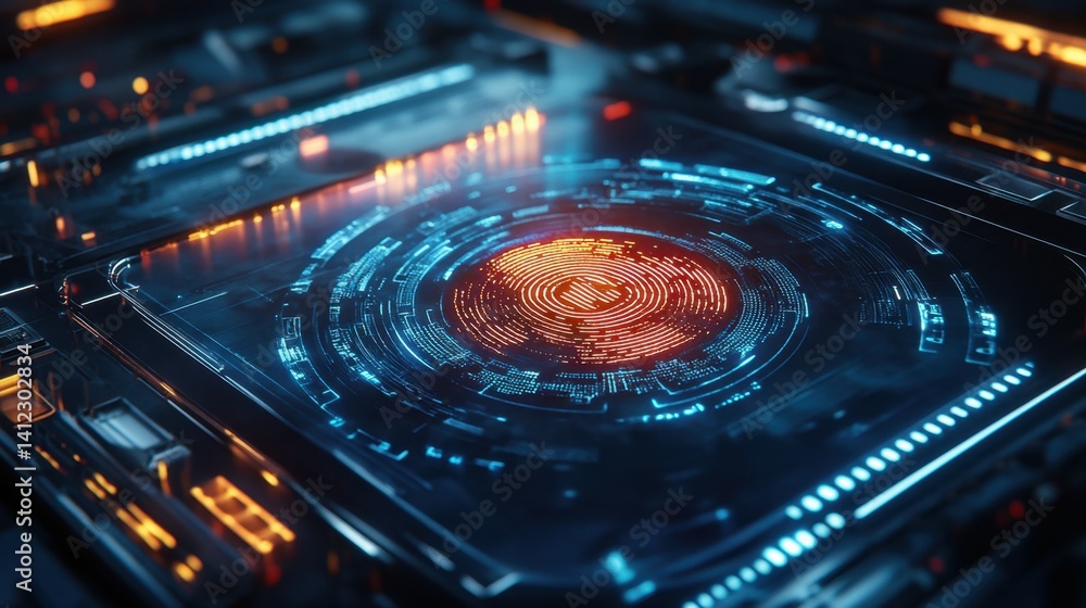 Poster futuristic fingerprint technology and global security interface concept
